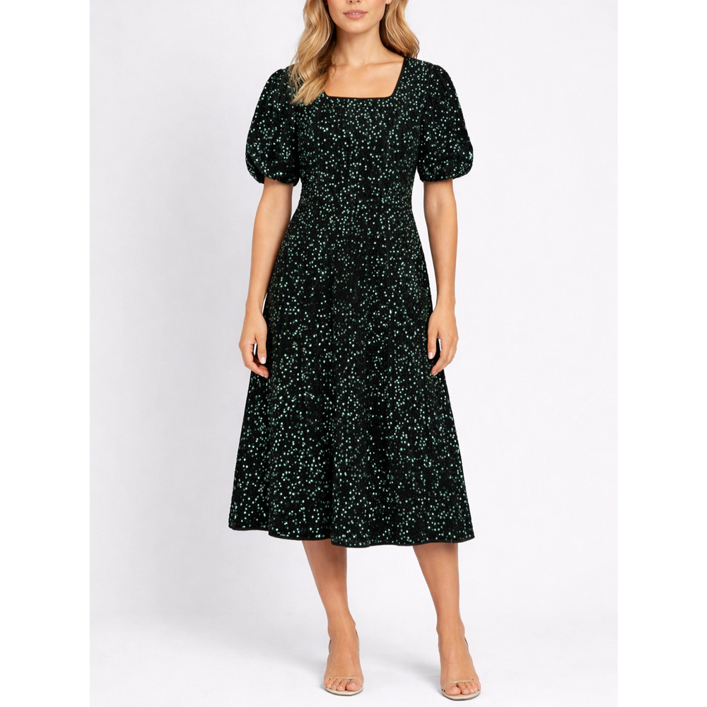Ivy City Co Vivian Sequin Puff Sleeve Midi Dress Womens M Green Velvet Christmas